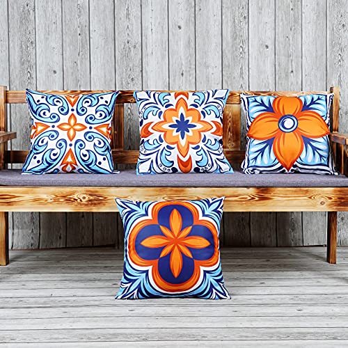 ONWAY Outdoor Pillow Covers Waterproof 18x18 Set of 4 Floral Boho Decorative Throw Cushion Cover Farmhouse Pillows for Bench, Couch, Patio Furniture