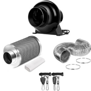 iPower 4 Inch 195 CFM Inline Fan Circulation Vent Blower, Air Carbon Filter, 8 Feet Ducting and 1-Pair Rope Combo for Grow Tent Ventilation, Low noise