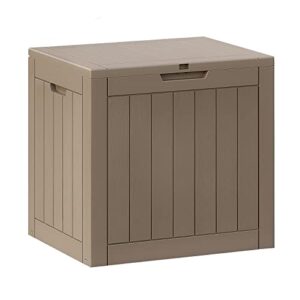 bluu deck box 32 gallon, outdoor storage box for patio cushion, pillows, toys, garden tool and hose storage, waterproof material with lockable lid & side handles, wood grain texture, taupe