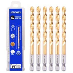 jefe hex 1/4" hss twist titanium drill bits, hex shank for quick change, 135 degree easy cut split point drill bit for steel, copper, aluminum, zinc alloy, wood, and plastics (pack of 6).