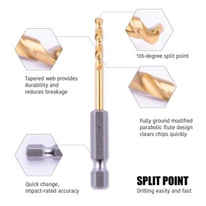 JEFE HEX 1/4" HSS Twist Titanium Drill Bits, Hex Shank for Quick Change, 135 Degree Easy Cut Split Point Drill Bit for Steel, Copper, Aluminum, Zinc Alloy, Wood, and Plastics (Pack of 6).