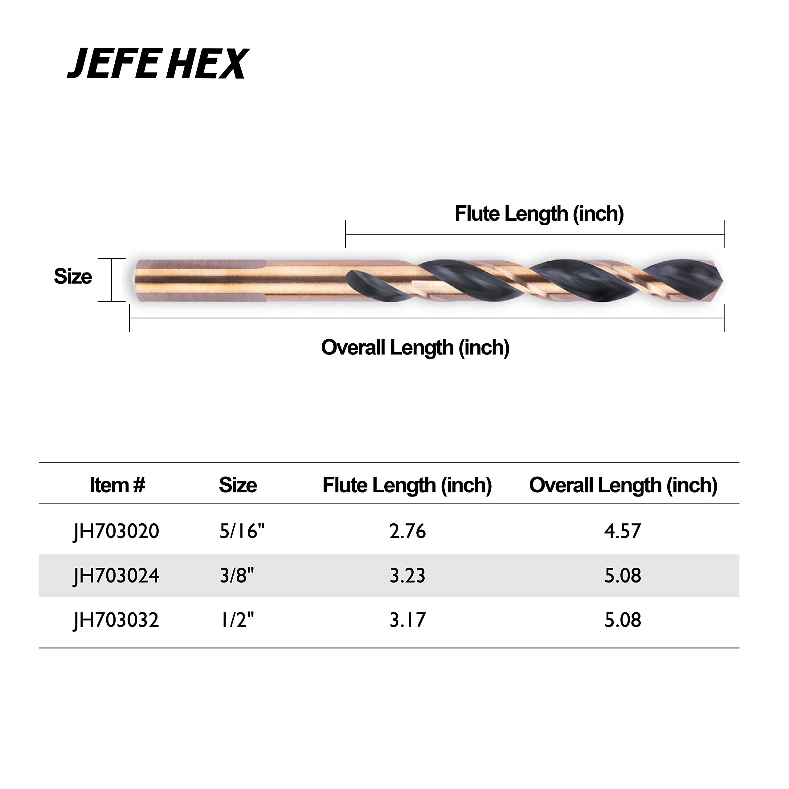 JEFE HEX 1/2" Dia. 5" OAL HSS Twist Drill Bit, General Purpose, 3-Flat Shank, Black and Gold Finish, 135 Degree Split Point, Ideal for Steel/Wood/Copper/Aluminum/Zinc Alloy/Plastic. (6-Piece)