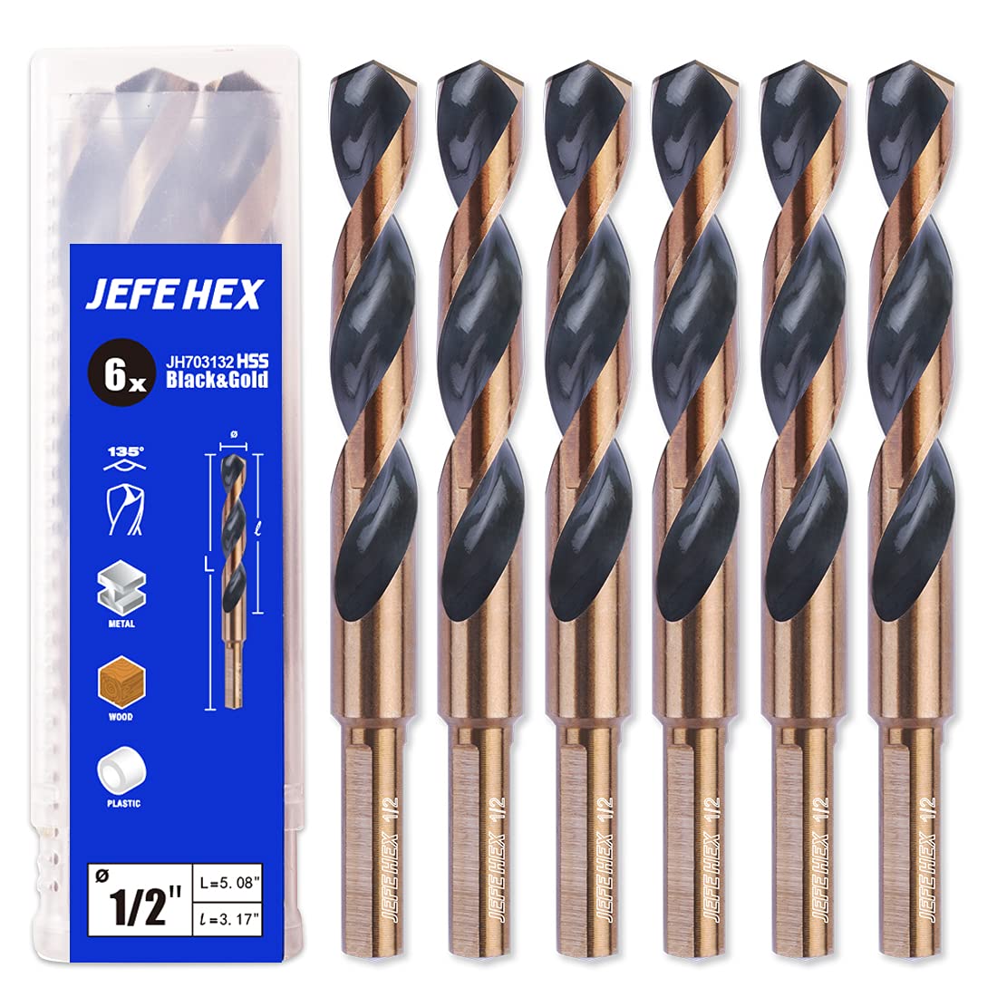 JEFE HEX 1/2" Dia. 5" OAL HSS Twist Drill Bit, General Purpose, 3-Flat Shank, Black and Gold Finish, 135 Degree Split Point, Ideal for Steel/Wood/Copper/Aluminum/Zinc Alloy/Plastic. (6-Piece)