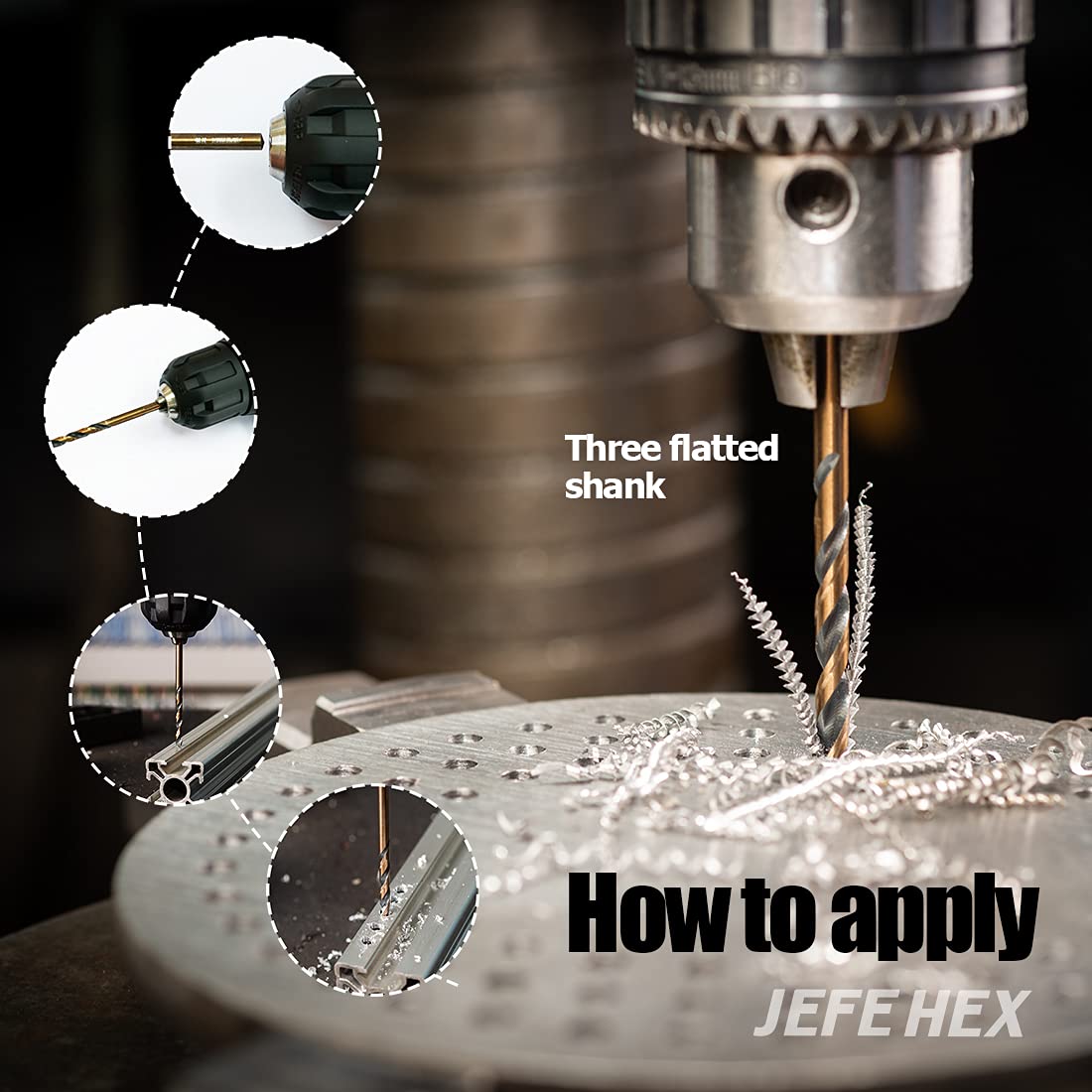 JEFE HEX 1/2" Dia. 5" OAL HSS Twist Drill Bit, General Purpose, 3-Flat Shank, Black and Gold Finish, 135 Degree Split Point, Ideal for Steel/Wood/Copper/Aluminum/Zinc Alloy/Plastic. (6-Piece)