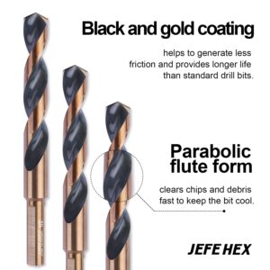 JEFE HEX 1/2" Dia. 5" OAL HSS Twist Drill Bit, General Purpose, 3-Flat Shank, Black and Gold Finish, 135 Degree Split Point, Ideal for Steel/Wood/Copper/Aluminum/Zinc Alloy/Plastic. (6-Piece)