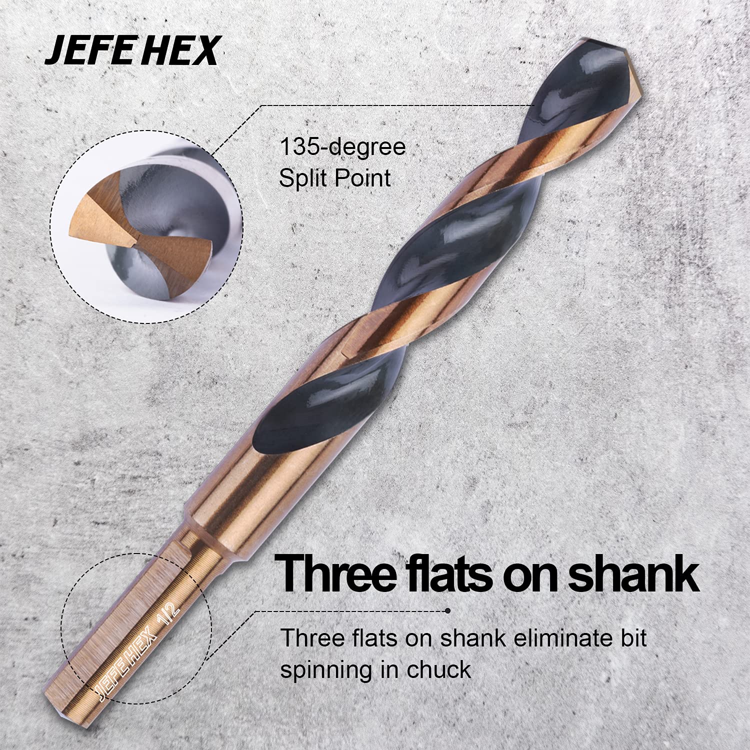 JEFE HEX 1/2" Dia. 5" OAL HSS Twist Drill Bit, General Purpose, 3-Flat Shank, Black and Gold Finish, 135 Degree Split Point, Ideal for Steel/Wood/Copper/Aluminum/Zinc Alloy/Plastic. (6-Piece)