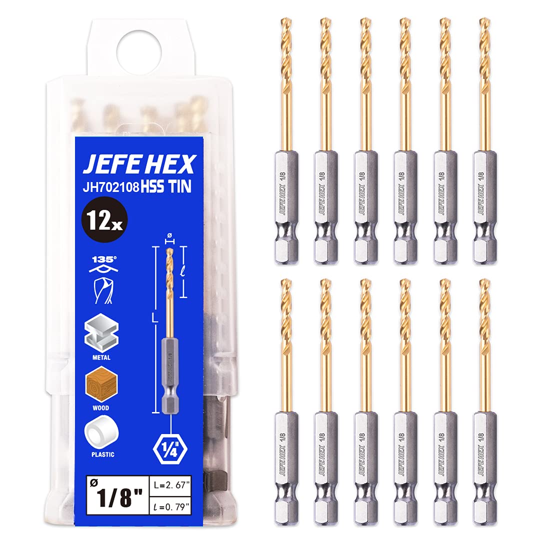 JEFE HEX 1/8" Hex Shank Drill Bits - 12 PCS HSS Titanium Drill Bits with Quick Change Shank Impact Driver Twist Drill Bit Set