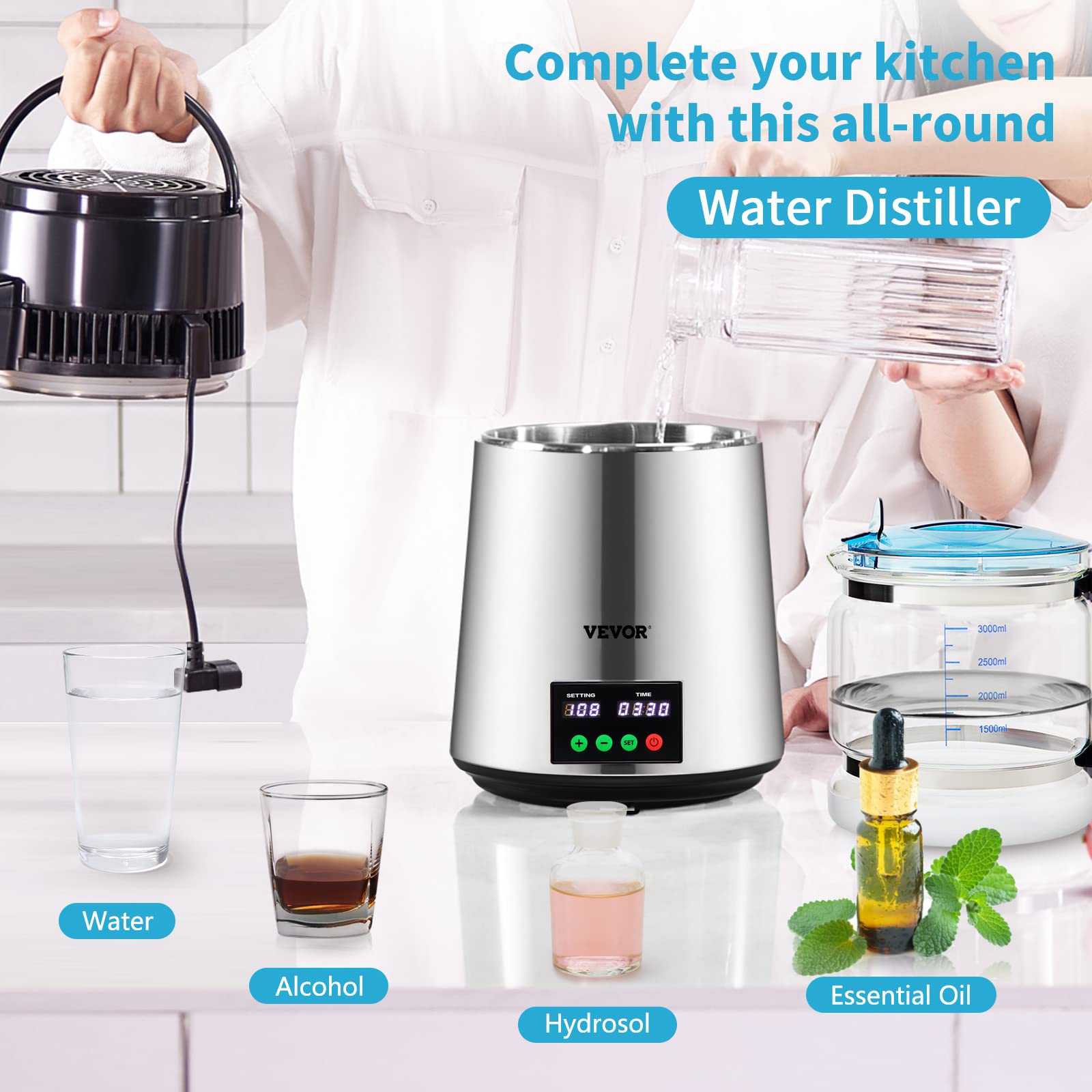 VEVOR Water Distiller 4 L Distilled Water Maker 1.1 Gal Pure Water Distiller with Dual Temperature Display 750W Distilled Water Machine Water Distillers for Home Countertop with Glass Container Gray