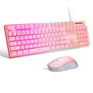 magegee gaming keyboard and mouse combo, true rgb backlit membrane office keyboard, 104 keys metal panel usb quiet wired keyboard for windows laptop pc - pink