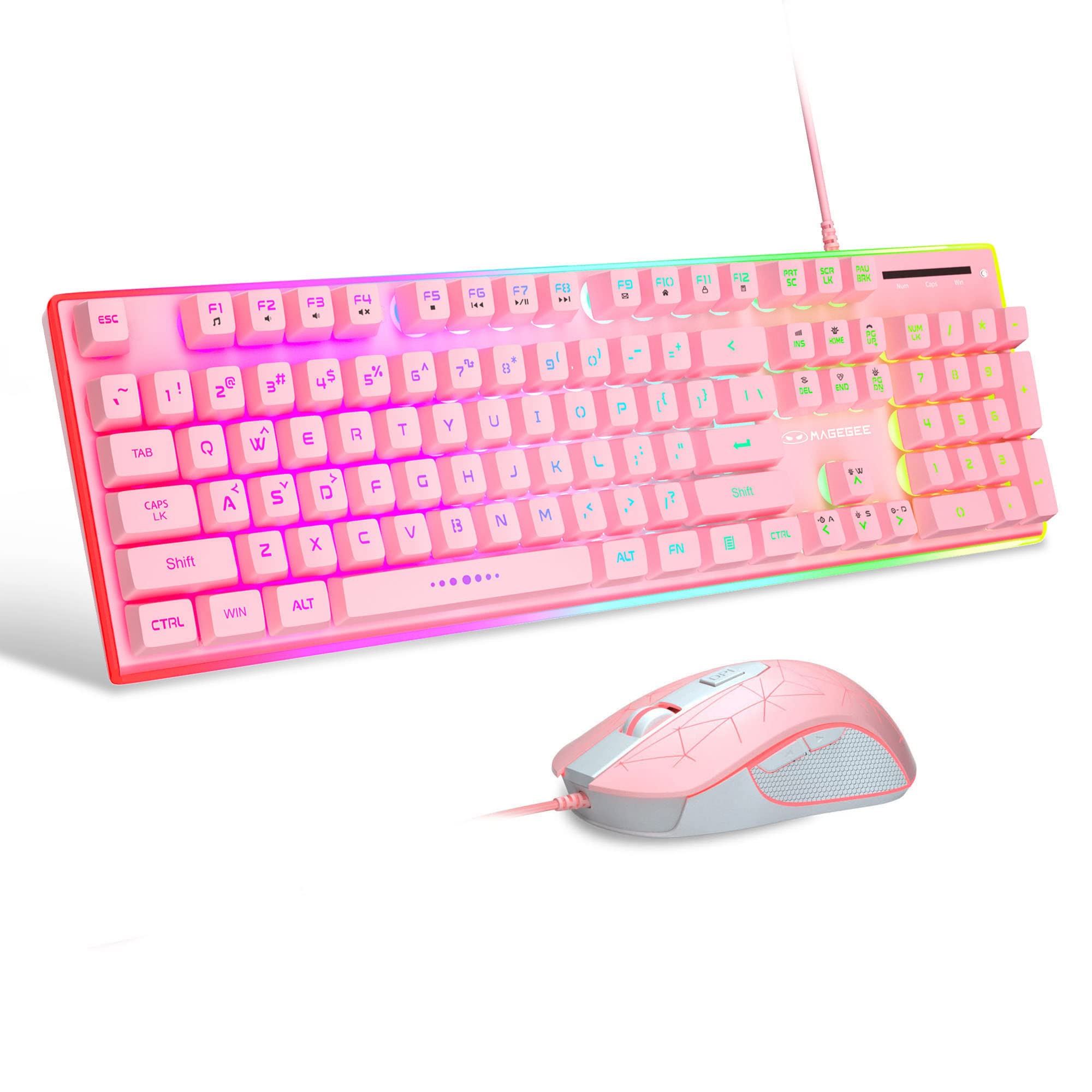 MageGee Gaming Keyboard and Mouse Combo, True RGB Backlit Membrane Office Keyboard, 104 Keys Metal Panel USB Quiet Wired Keyboard for Windows Laptop PC - Pink