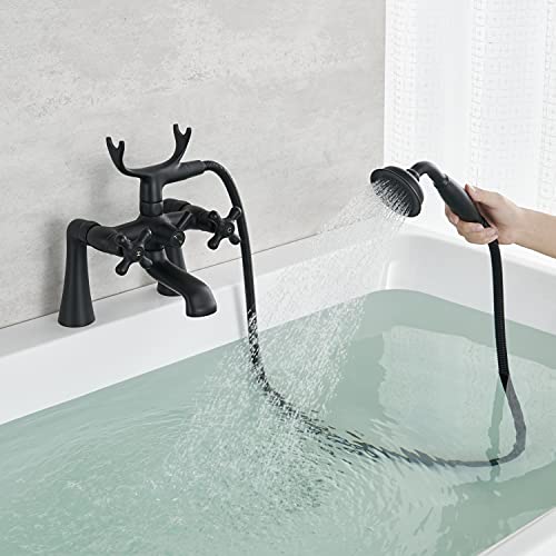 Hanallx Clawfoot Tub Faucet Deck Mount Tub Filler Black Vintage Bathtub Faucets Brass with Telephone Shaped Handheld Shower