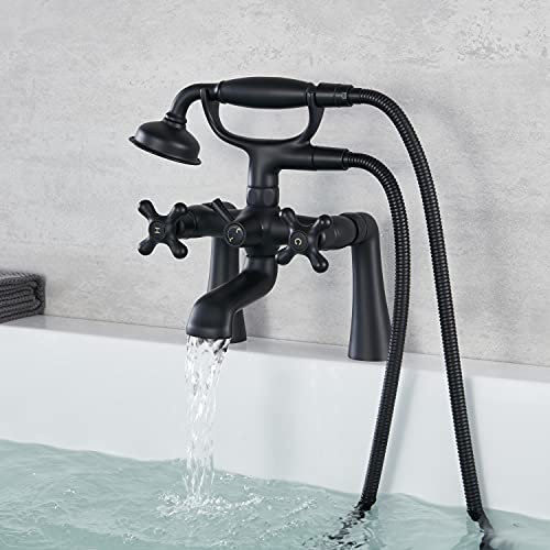 Hanallx Clawfoot Tub Faucet Deck Mount Tub Filler Black Vintage Bathtub Faucets Brass with Telephone Shaped Handheld Shower