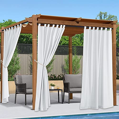 NICETOWN 2 Pieces Porch Curtains Outdoor Waterproof, Privacy Thermal Insulated Tab Top Sun/Rain Protection Indoor Outdoor Drape for Cabana/Pool, White, 55 by 84 inches