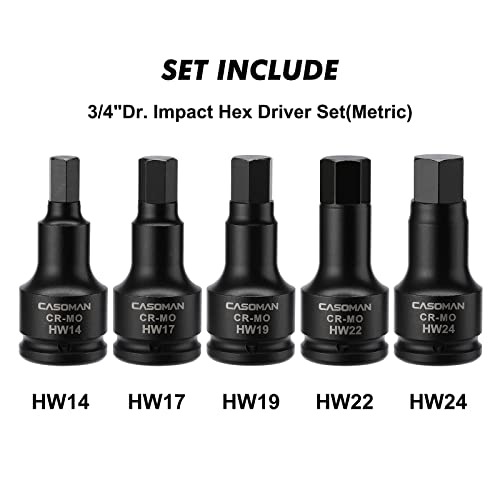 CASOMAN 3/4 Inch Drive Impact Hex Driver Set, 5-Pieces, Metric, 14mm, 17mm, 19mm, 22mm, 24mm, 3/4" Drive Master Impact Hex Bit Set, CR-MO, Impact Grade, One-Piece Construction
