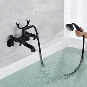 Hanallx Clawfoot Tub Faucet Wall Mount Tub Filler Black Vintage Bathtub Faucets Brass with Telephone Shaped Handheld Shower