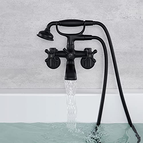 Hanallx Clawfoot Tub Faucet Wall Mount Tub Filler Black Vintage Bathtub Faucets Brass with Telephone Shaped Handheld Shower