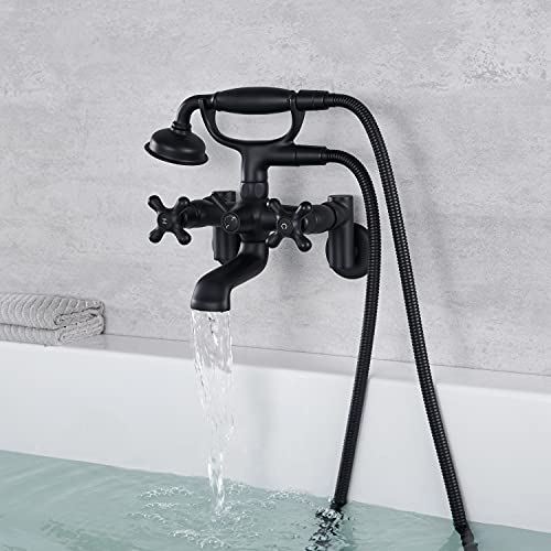 Hanallx Clawfoot Tub Faucet Wall Mount Tub Filler Black Vintage Bathtub Faucets Brass with Telephone Shaped Handheld Shower