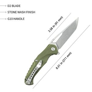 KUBEY Dugu KU210 Outdoor Folding Knife 3.58” Stonewashed D2 Blade and Ergonomics G10 Handle with Stainless Steel Pocket Clip for Hunting Fishing and Camping (Green_)