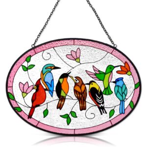 huray rayho birds on a branch stained glass ornament, 9.5''x6.7'' cardinal hummingbird suncatcher hand-painted double side glass panel window hanging decor bird lover gift for mom, grandma, teacher