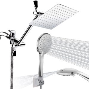 Shower Head, 8'' High Pressure Rainfall Shower Head / Handheld Showerhead Combo with 11'' Extension Arm, CUMIZON 6 Spray Settings Handheld Showerhead with Holder/ Hose, Flow Regulator, Chrome