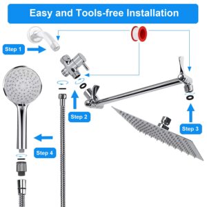 Shower Head, 8'' High Pressure Rainfall Shower Head / Handheld Showerhead Combo with 11'' Extension Arm, CUMIZON 6 Spray Settings Handheld Showerhead with Holder/ Hose, Flow Regulator, Chrome