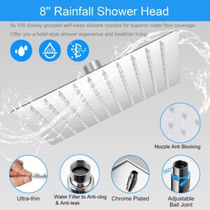 Shower Head, 8'' High Pressure Rainfall Shower Head / Handheld Showerhead Combo with 11'' Extension Arm, CUMIZON 6 Spray Settings Handheld Showerhead with Holder/ Hose, Flow Regulator, Chrome