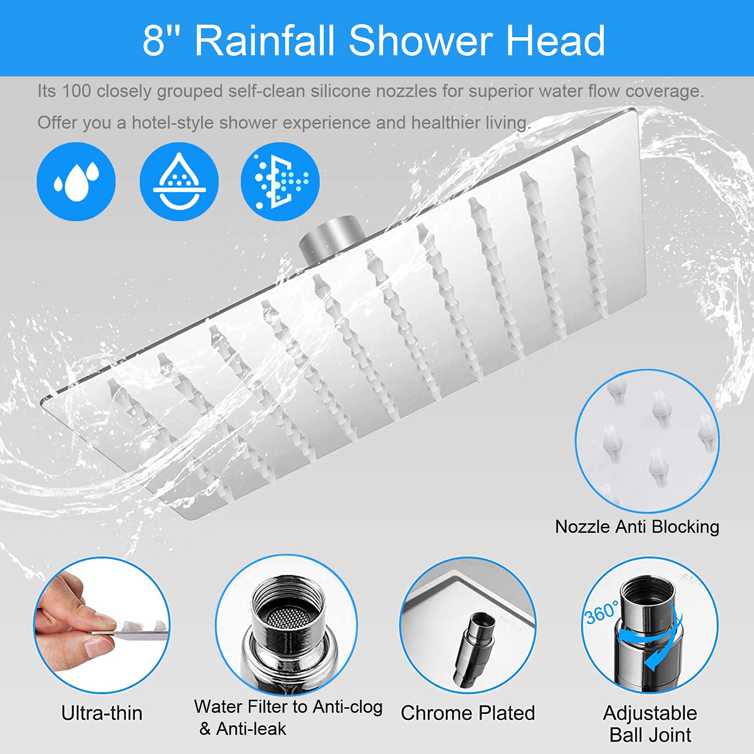 Shower Head, 8'' High Pressure Rainfall Shower Head / Handheld Showerhead Combo with 11'' Extension Arm, CUMIZON 6 Spray Settings Handheld Showerhead with Holder/ Hose, Flow Regulator, Chrome