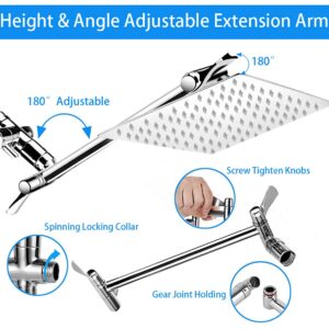 Shower Head, 8'' High Pressure Rainfall Shower Head / Handheld Showerhead Combo with 11'' Extension Arm, CUMIZON 6 Spray Settings Handheld Showerhead with Holder/ Hose, Flow Regulator, Chrome