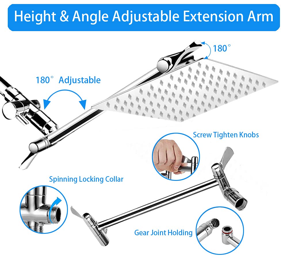 Shower Head, 8'' High Pressure Rainfall Shower Head / Handheld Showerhead Combo with 11'' Extension Arm, CUMIZON 6 Spray Settings Handheld Showerhead with Holder/ Hose, Flow Regulator, Chrome