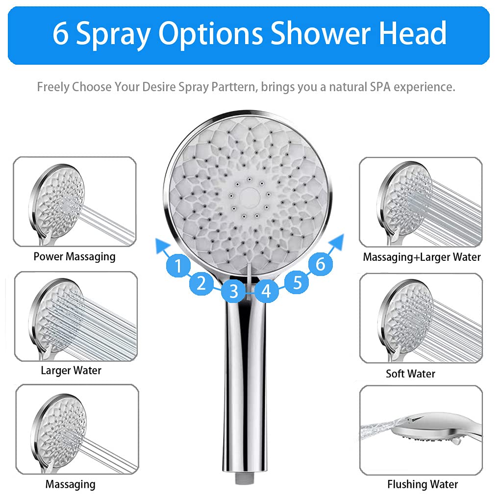 Shower Head, 8'' High Pressure Rainfall Shower Head / Handheld Showerhead Combo with 11'' Extension Arm, CUMIZON 6 Spray Settings Handheld Showerhead with Holder/ Hose, Flow Regulator, Chrome