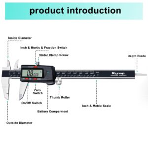 Kynup Caliper Measuring Tool, Digital Micrometer Caliper Tool, Vernier Caliper with Stainless Steel, Large LCD Screen, Auto - Off Feature, Inch Metric Fraction Conversion (6Inch/150mm)
