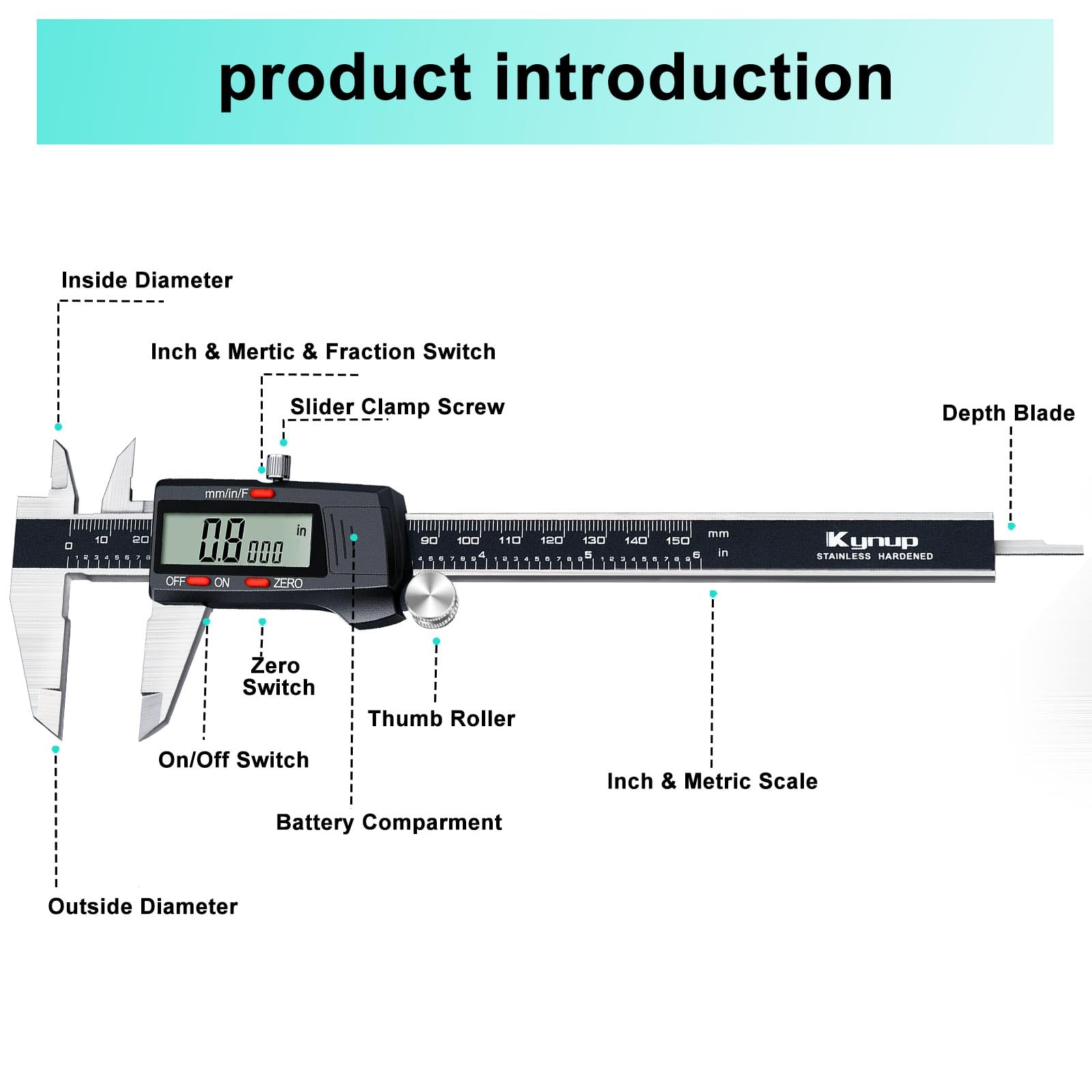 Kynup Caliper Measuring Tool, Digital Micrometer Caliper Tool, Vernier Caliper with Stainless Steel, Large LCD Screen, Auto - Off Feature, Inch Metric Fraction Conversion (6Inch/150mm)