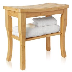 Casafield Bamboo Shower Bench with Storage Shelf, Wooden 2-Tier Bathroom Spa Stool for Indoor or Outdoor Use