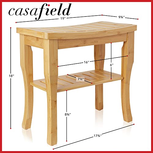 Casafield Bamboo Shower Bench with Storage Shelf, Wooden 2-Tier Bathroom Spa Stool for Indoor or Outdoor Use