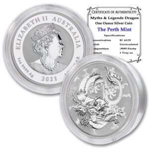 2021 p 1 oz australian silver myths & legends dragon coin brilliant uncirculated (bu - in capsule) with certificate of authenticity $1 seller mint state