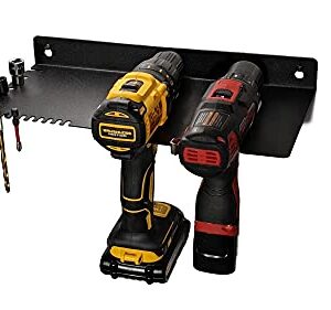 DIYE Mini Drill Organizer Rack - Cordless Drill Wall Mount Wall Charging Station Shelf & Drill Bit Storage | Holds 2 Drills, Charger, 15 Bits, Extras | Compatible with All Cordless Drill Brands