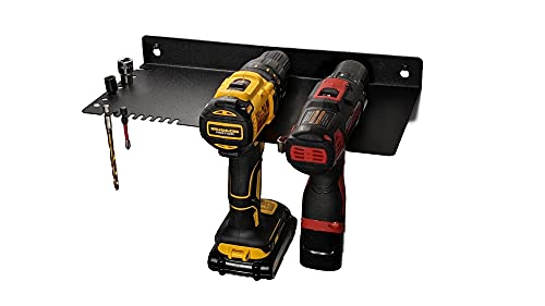 DIYE Mini Drill Organizer Rack - Cordless Drill Wall Mount Wall Charging Station Shelf & Drill Bit Storage | Holds 2 Drills, Charger, 15 Bits, Extras | Compatible with All Cordless Drill Brands