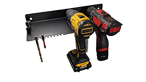 DIYE Mini Drill Organizer Rack - Cordless Drill Wall Mount Wall Charging Station Shelf & Drill Bit Storage | Holds 2 Drills, Charger, 15 Bits, Extras | Compatible with All Cordless Drill Brands