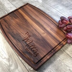 custom cutting board. personalized cutting board. wedding gifts. bridal shower gifts. (walnut, 9"x12" arched with groove)