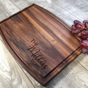 Custom Cutting Board. Personalized Cutting Board. Wedding Gifts. Bridal Shower Gifts. (Walnut, 9"x12" arched with groove)