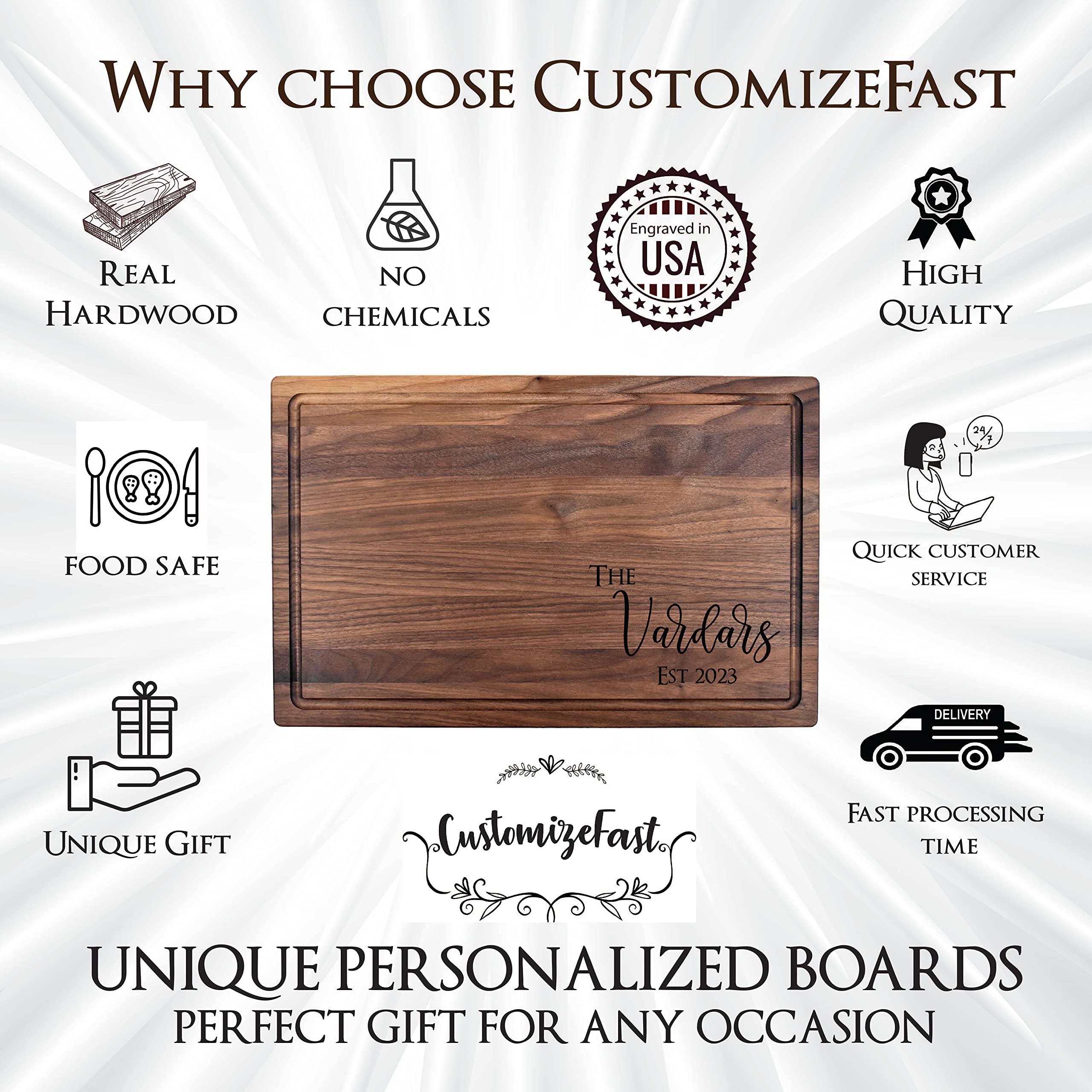 Custom Cutting Board. Personalized Cutting Board. Wedding Gifts. Bridal Shower Gifts. (Walnut, 9"x12" arched with groove)