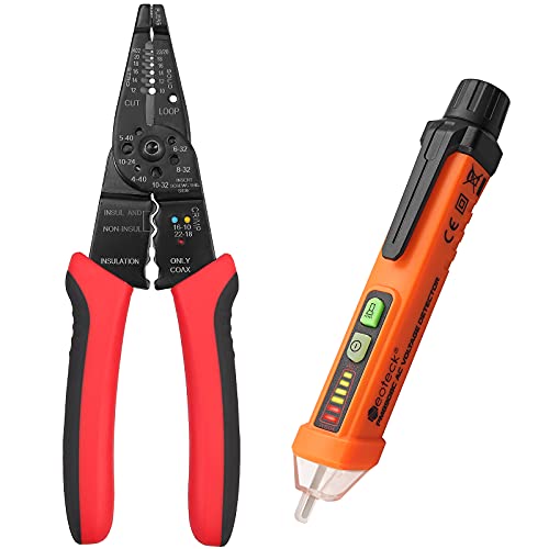 Neoteck Non-Contact Voltage Tester Pen and 8 Inch Wire Stripper Crimper Cutter 10-22 AWG, Must-Have Multi-Function Tool Kit