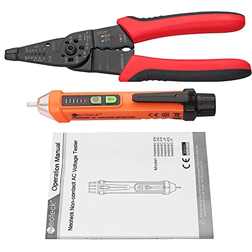 Neoteck Non-Contact Voltage Tester Pen and 8 Inch Wire Stripper Crimper Cutter 10-22 AWG, Must-Have Multi-Function Tool Kit