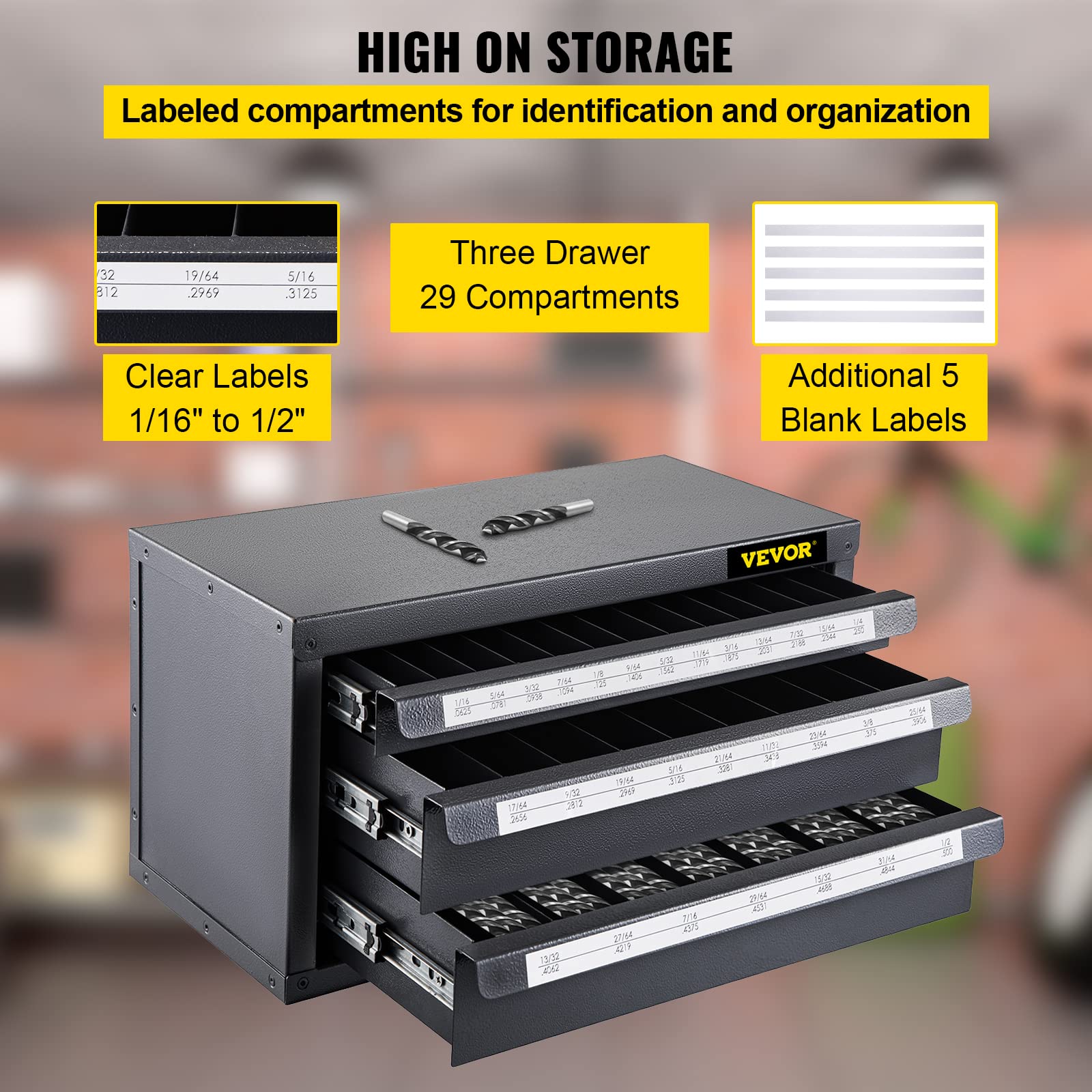 VEVOR Drill Bit Dispenser Cabinet, Three-Drawer Drill Bit Dispenser, Drill Bit Organizer Cabinet, Drill Dispenser Organizer Cabinet for Jobber Length Fractional Size 1/16" to 1/2" in 1/64" Increments