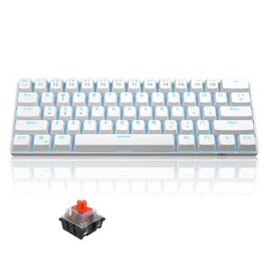 magegee mk-mini 60% mechanical gaming keyboard, 61 keys tkl compact gaming keyboard with red switches, portable blue led backlit usb type-c wired office keyboard for pc laptop computer, white