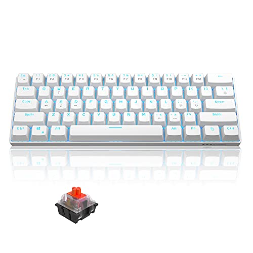 MageGee MK-Mini 60% Mechanical Gaming Keyboard, 61 Keys TKL Compact Gaming Keyboard with Red Switches, Portable Blue LED Backlit USB Type-C Wired Office Keyboard for PC Laptop Computer, White