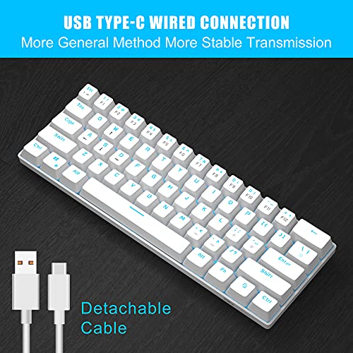 MageGee MK-Mini 60% Mechanical Gaming Keyboard, 61 Keys TKL Compact Gaming Keyboard with Red Switches, Portable Blue LED Backlit USB Type-C Wired Office Keyboard for PC Laptop Computer, White