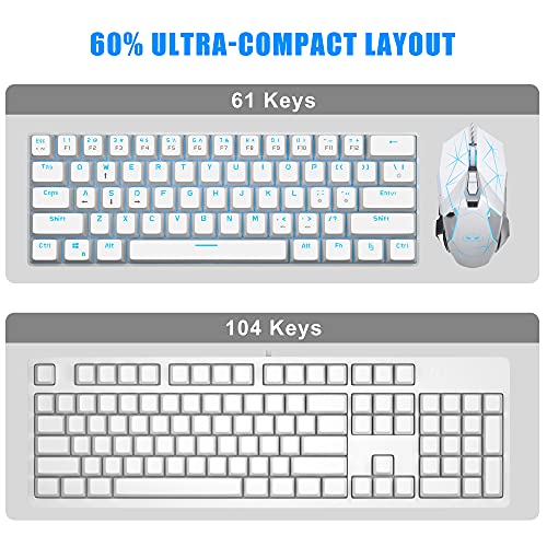 MageGee MK-Mini 60% Mechanical Gaming Keyboard, 61 Keys TKL Compact Gaming Keyboard with Red Switches, Portable Blue LED Backlit USB Type-C Wired Office Keyboard for PC Laptop Computer, White