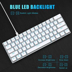 MageGee MK-Mini 60% Mechanical Gaming Keyboard, 61 Keys TKL Compact Gaming Keyboard with Red Switches, Portable Blue LED Backlit USB Type-C Wired Office Keyboard for PC Laptop Computer, White