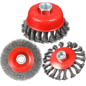 4 inch wire wheel brush cup brush set, coarse crimped twisted knotted cup brush, 5/8 inch-11 threaded arbor 0.002 inch carbon steel for angle grinder, heavy cleaning rust stripping abrasive (3)